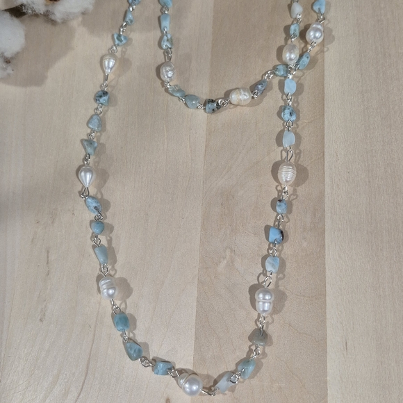 🩵🤍NEW🩵🤍 ELEGANT!! Larimar Natural Stone and Baroque Freshwater Pearl Necklac